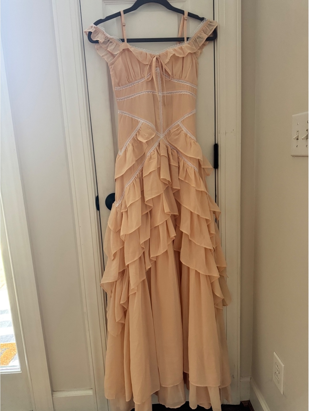 Altar’d State Peach Ruffled Maxi Dress with Lace Trim